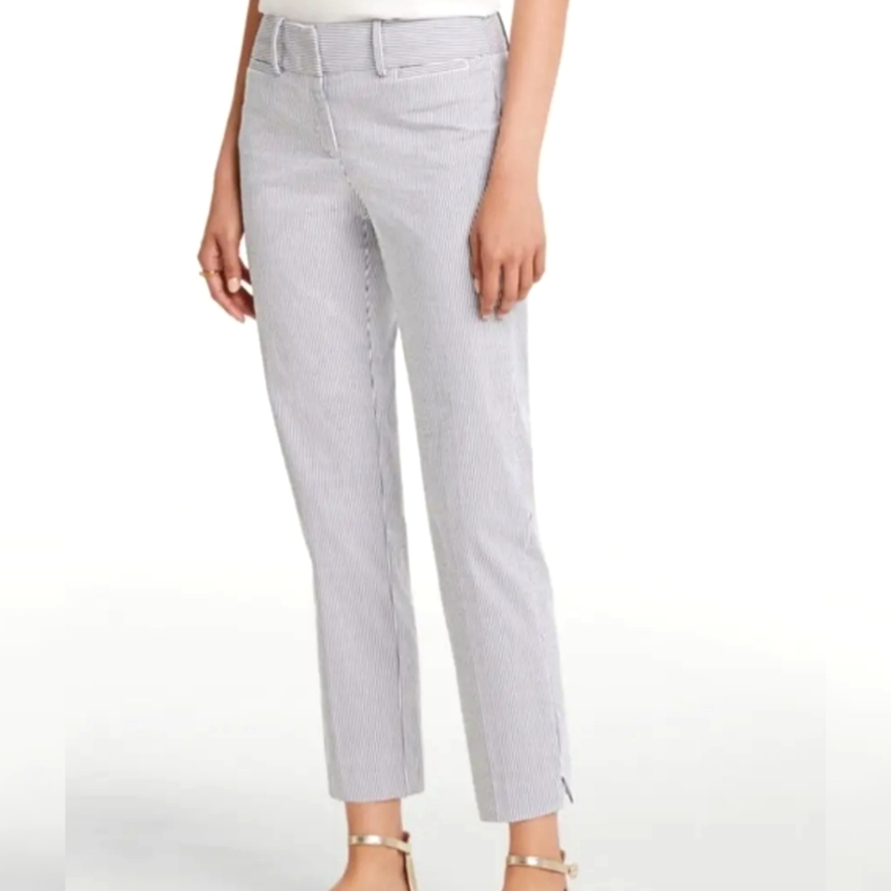 Ann Taylor Blue White Seersucker Striped Signature Cropped Pants 14 Tall 14T